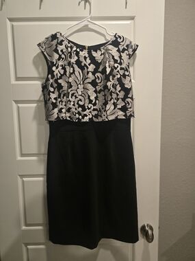 Tahari Black Dress with Silver Floral Brocade Bodice